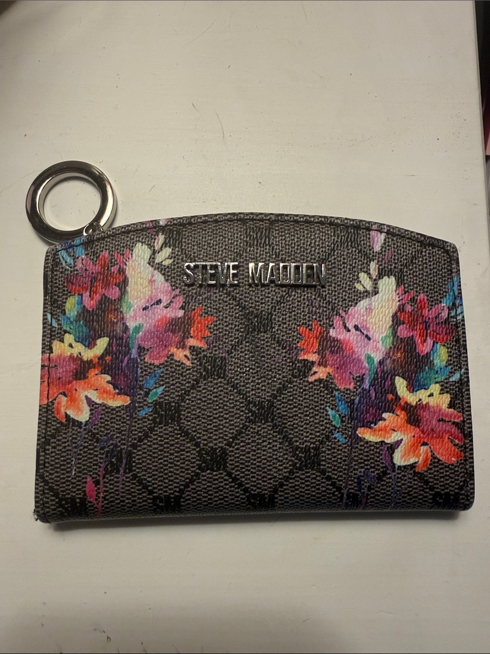 Steve Madden Floral Logo Card Case Wallet in Black with Multicolor Flowers